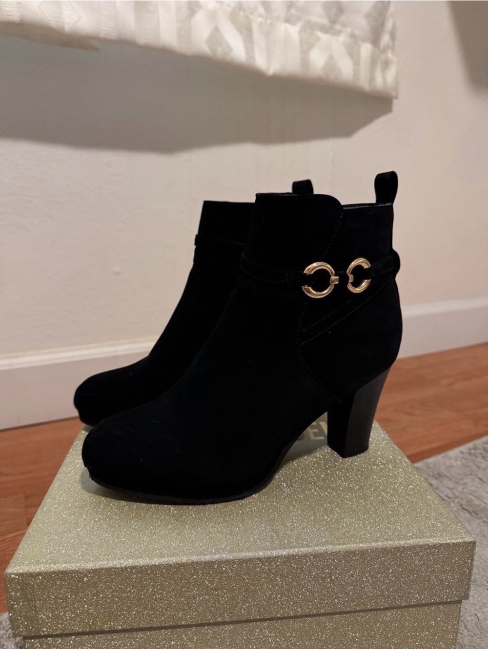 Black Ankle Boots with Gold Accent